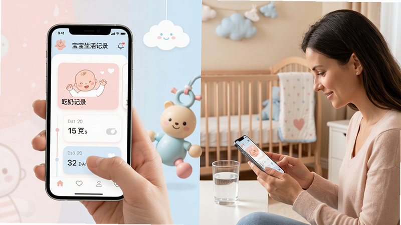 主体:一位妈妈正在手机上使用宝宝生活记录App,界面显示宝宝吃奶记录卡片,旁边有一杯温水和可爱的婴儿玩具。布局:左侧为主界面截图,右侧为温馨生活场景,呈左右对称排版。风格:扁平化插画结合真实摄影,色彩柔和温暖,以淡粉、浅蓝为主。细节:手机屏幕清晰显示“宝宝生活记录”字样及记录时间轴,背景有婴儿床、小云朵装饰。画质:高清8K,干净无多余元素。