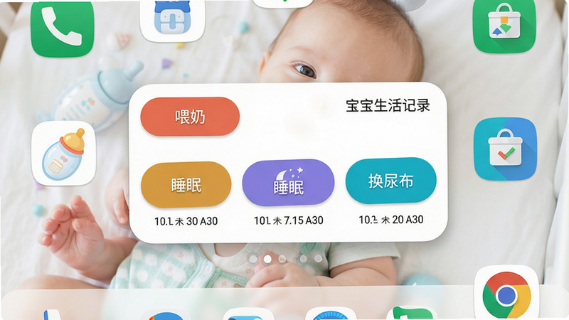主体:手机桌面展示宝宝生活记录的小组件,桌面上有“喂奶”、“睡眠”、“换尿布”三个快捷按钮,背景为宝宝照片。布局:小组件位于桌面中央,周围有其他App图标,整体采用浅色系壁纸。风格:Material Design风格,圆角矩形小组件,按钮使用不同色彩区分。细节:小组件右上角有“宝宝生活记录”文字标识,按钮下方显示最近一次记录时间。画质:高清,桌面图标清晰,无遮挡。