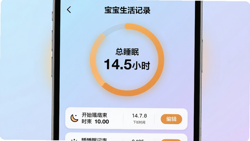 主体:宝宝生活记录的睡眠统计页面,以圆形进度条展示全天睡眠时长,下方列出最近5次睡眠记录。布局:中部大圆环进度条,底部为卡片列表,每个卡片有开始结束时间和时长。风格:渐变背景从浅蓝到淡紫,圆环使用暖橙色,数据字体加粗。细节:进度条中央显示“总睡眠 14.5小时”,卡片右侧有“编辑”按钮。画质:4K,色彩过渡自然,无多余元素。