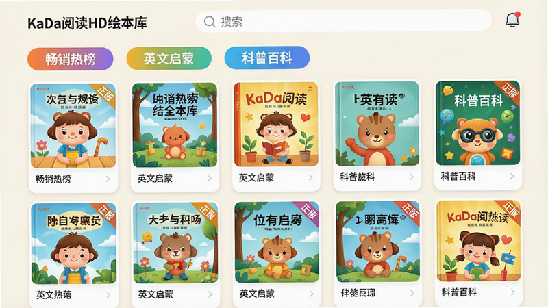主体:KaDa阅读HD绘本库页面,显示多个分类标签如“畅销热榜”“英文启蒙”“科普百科”;布局:网格排列,每个绘本封面带有书名标签;排版:整齐的卡片式布局,顶部有搜索栏;风格:清新简洁,背景浅色,封面色彩突出;细节:绘本封面有“正版”小角标,分类标签有渐变底色;画质:精细渲染,无多余元素