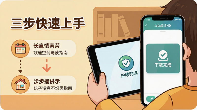 主体:KaDa阅读HD使用指南配图,显示手机横屏阅读场景,孩子手捧平板,屏幕上有护眼模式图标;布局:右侧是手机放大图,左侧文字说明“三步快速上手”;排版:图文并茂,图标化步骤;风格:卡通教育风格,暖色调;细节:手机屏幕上的App界面有“下载完成”提示,背景有书架剪影;画质:清晰,干净无干扰元素