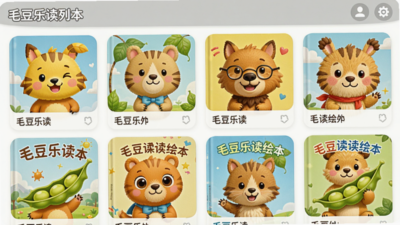 毛豆乐读绘本列表界面,展示多本绘本封面,卡通动物造型,布局整齐,色彩明亮,高清画质,无多余元素