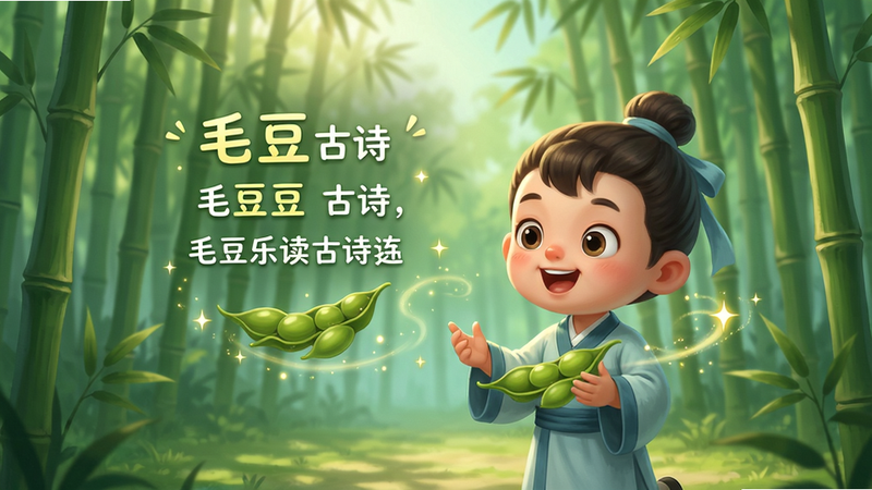 毛豆乐读古诗动画界面,一个卡通小孩在竹林里念诗,屏幕上有诗句文字和动画特效,画风唯美,高清画质,无多余元素