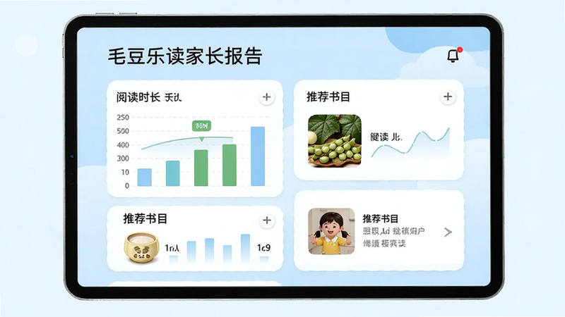毛豆乐读家长报告界面,展示图表数据、阅读时长、推荐书目,浅蓝色背景,干净简洁,高清画质
