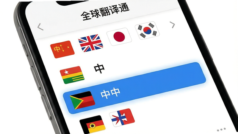 一张展示全球翻译通多语言选择界面的截图,主体为手机屏幕显示下拉语言列表,包含中、英、日、韩等多国旗帜图标,布局呈纵向排列,风格简约,背景白色,细节高亮选中语言,画质干净,文字“全球翻译通”显示在顶部
