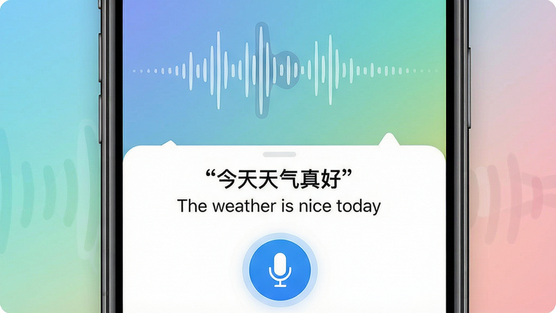 一张展示全球翻译通语音翻译效果的截图,主体为手机屏幕上方显示声波动画,下方显示原文“今天天气真好”和译文“The weather is nice today”,布局上下结构,风格清新,背景渐变色,细节包括麦克风按钮高亮,画质细腻,文字“全球翻译通”预览图