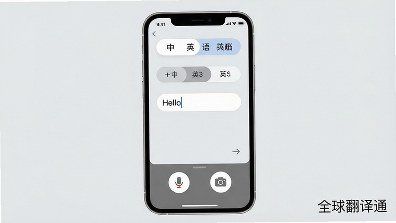 一张展示全球翻译通主界面的高清截图,主体为手机屏幕居中显示翻译对话框,上方有语言选择栏(中英切换),下方有麦克风和拍照按钮,布局简洁清爽,风格现代扁平,背景为浅灰色,细节包括输入框内的示例文字“Hello”,画质清晰锐利,无多余元素,文字标注“全球翻译通”预览图