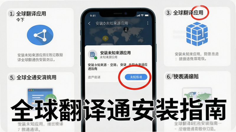 一张展示全球翻译通安装步骤的教程截图,主体为手机屏幕上显示“安装未知来源应用”的设置界面,布局为分步示意图,风格简洁教育,细节包括红色圆圈标注关键按钮,画质清晰,文字“全球翻译通安装指南”预览图