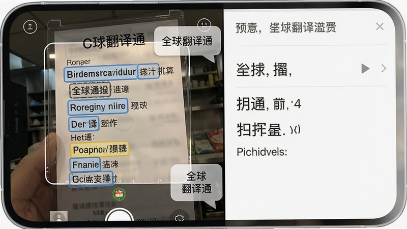 一张展示全球翻译通拍照翻译功能的截图,主体为手机屏幕显示一张拍摄的菜单照片,其中外文单词被高亮框选中并显示中文翻译,布局为半屏照片半屏翻译结果,风格实用,细节包括相机取景框和翻译气泡,画质清晰,文字“全球翻译通”预览图
