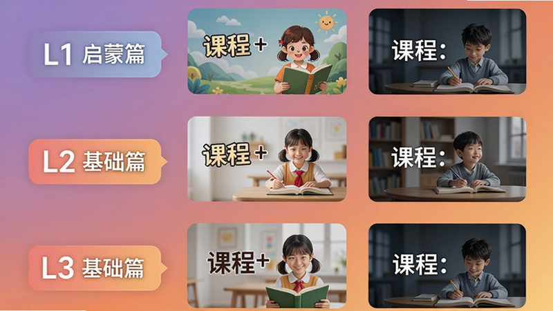 竖屏排列的课程列表,左侧显示“L1 启蒙篇”“L2 基础篇”等标签,右侧对应课程封面图,整体布局整齐,颜色渐变,画质清晰