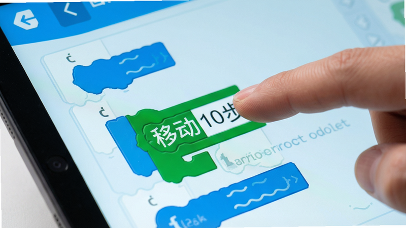平板屏幕特写,手指拖动一块绿色的“移动10步”积木到代码区,积木上有中文文字,背景是浅蓝色编程区,画面简洁,画质高清,突出操作手势