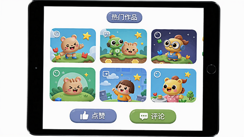 平板屏幕上显示社区作品墙,有多个小游戏缩略图,下方有“点赞”和“评论”按钮,顶部有“热门作品”标签,风格活泼,画面干净