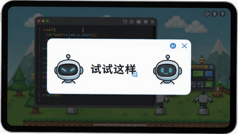 平板界面上弹出一个AI助手对话框,对话框中有“试试这样”文字,旁边有卡通机器人头像,背景是编程游戏场景,风格卡通,画质干净