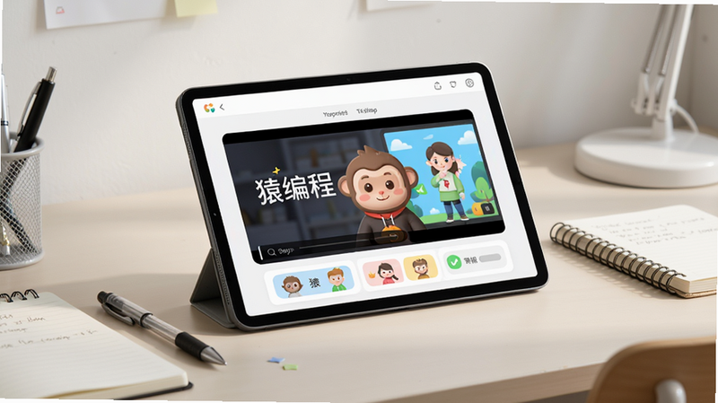 平板放置在学习桌上,屏幕上显示猿编程的课程画面,周围有笔和笔记本,光线柔和,画质细腻,整体干净