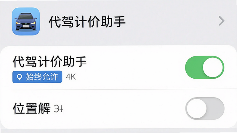 主体:手机设置页面,显示“代驾计价助手”的权限开关界面,位置权限已开启。布局:列表形式,权限项依次排列,最上方为App图标和名称。排版:权限开关用绿色表示开启,灰色表示关闭。风格:系统原生界面,浅色背景。细节:位置权限旁边有蓝色“始终允许”标签。画质:4K,干净无多余元素。