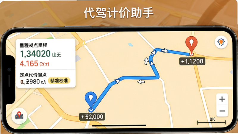 主体:手机地图上显示行驶轨迹路线,标记起点终点和途经点,里程数字清晰可见。布局:顶部显示“代驾计价助手”标题,下方为地图全屏视图,左侧有里程信息浮层。排版:轨迹线为蓝色实线,关键转弯处有方向箭头。风格:写实地图风格,暖色背景。细节:里程数字旁有“精准校准”标签,地图缩放比例尺可见。画质:8K超清,无多余UI元素。