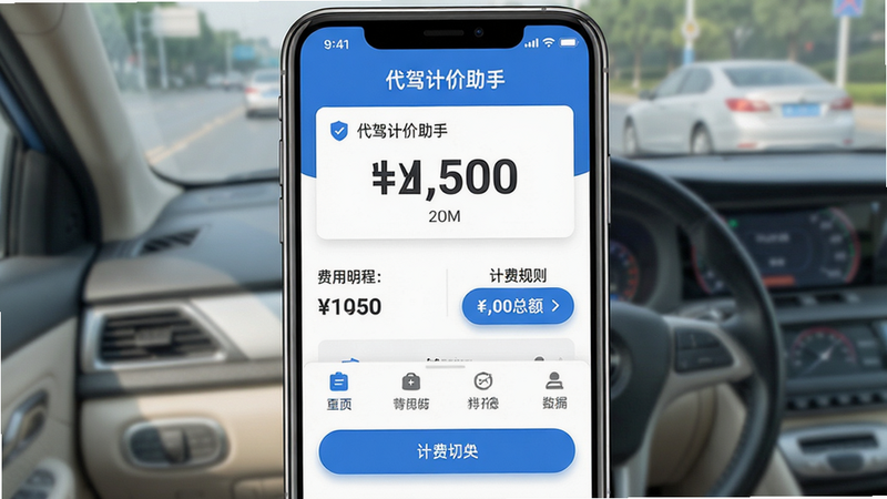 主体:代驾计价助手App界面截图,显示实时里程、费用明细和计费规则切换按钮。布局:居中展示手机屏幕,上方为行程概览卡片,下方为功能菜单栏。排版:清爽无杂乱,关键数字突出显示,使用“代驾计价助手”字样作为标题。风格:现代扁平化,蓝色主色调搭配白色背景。细节:里程数用大号字体,费用总额带货币符号,按钮有圆角阴影。画质:4K超清,干净无多余元素。