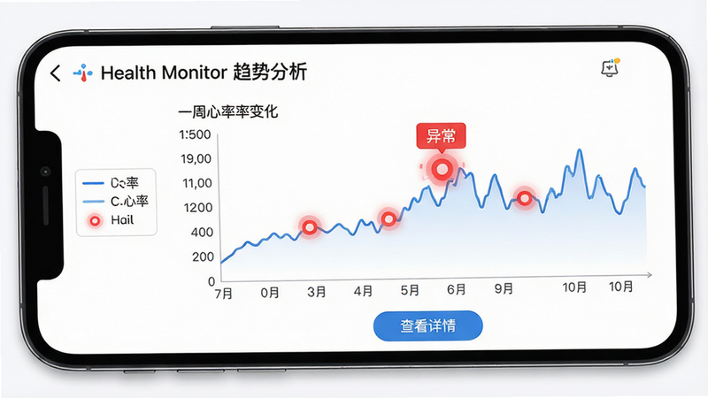 主体:手机屏幕显示 Health Monitor 趋势分析页面,折线图展示一周心率变化,红色点标注异常;布局:全屏展示图表,左侧有图例;排版:图表横轴为日期,纵轴为数值,异常点闪烁;风格:数据可视化,医疗专业风格;细节:图表下方有“查看详情”按钮,背景白色;画质:高清,干净清晰