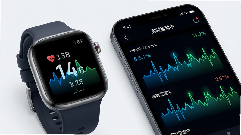 主体:手表与手机并排,手表屏幕显示心率数字,手机屏幕显示 Health Monitor 实时监测界面,多个波形图;布局:左右构图,手表在左,手机在右;排版:波形图使用蓝绿渐变色,数值标注清晰;风格:科技感,干净明亮;细节:手机界面显示“实时监测中”字样,波形图动态感;画质:超清,无多余元素