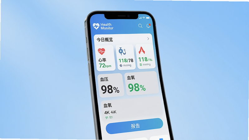 主体:手机屏幕显示 Health Monitor 应用主界面,顶部“今日概览”卡片,依次排列心率 72bpm、血压 118/78mmHg、血氧 98% 等数值,每个卡片带小图标;布局:手机居中,背景为柔和渐变蓝色,屏幕略微倾斜;排版:数据以卡片网格排列,底部有“报告”按钮,文字简洁;风格:现代扁平化,科技医疗风格,字体清晰;细节:屏幕左上角有“Health Monitor”Logo,数值绿色表示正常,浅灰背景;画质:4K 高清,干净无多余元素,光线均匀