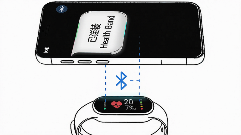 主体:手机与手环蓝牙连接示意图,手机显示“已连接 Health Band”界面,手环屏幕亮起;布局:手机在上,手环在下,有虚线蓝牙符号连接;排版:简洁,白色背景;风格:科技线稿插画;细节:手机状态栏显示蓝牙图标,手环显示心率数字;画质:高清,干净