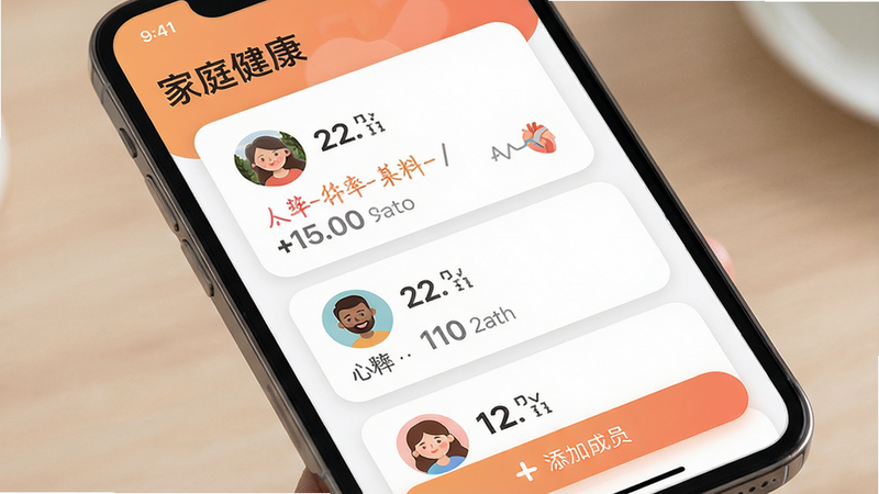 主体:手机界面显示家庭成员列表,头像下方显示各自心率、血压摘要;布局:列表形式,每个成员一个卡片;排版:卡片圆角,头像圆形,数据用灰度数字;风格:社交+健康,温馨;细节:顶部有“家庭健康”标题,底部“添加成员”按钮;画质:高清,干净