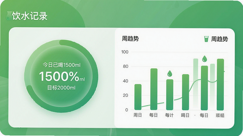 喝水小助手饮水记录统计界面,主体为全屏数据看板,布局左侧为进度环显示当前饮水量百分比,右侧为本周每日柱状图,风格简约现代,色彩以绿色渐变为主,细节包括