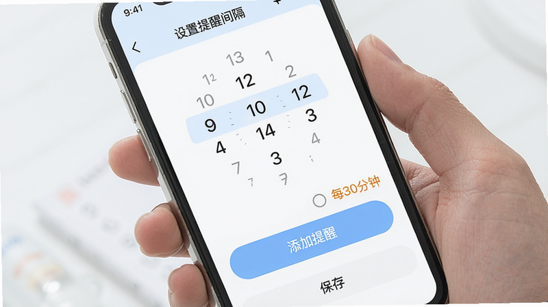 喝水小助手智能定时提醒功能展示,主体为手机界面中设置提醒时间段的页面,布局上半部分为时钟选择器,下半部分为