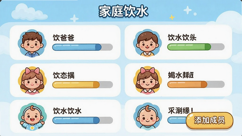 喝水小助手多成员管理页面,主体为家庭成员列表界面,布局每个成员头像和饮水进度条并排显示,风格卡通可爱,色彩丰富,细节包括爸爸、妈妈、宝宝的图标,画质清晰,干净无多余元素,图片中文字