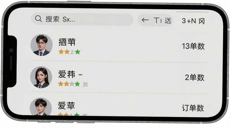 爱华团长团队管理界面,手机屏幕上显示团队成员列表,每个成员头像、昵称、等级、订单数清晰可见,顶部有搜索和筛选功能,背景为浅灰色,列表有分割线,风格简洁,画质清晰。