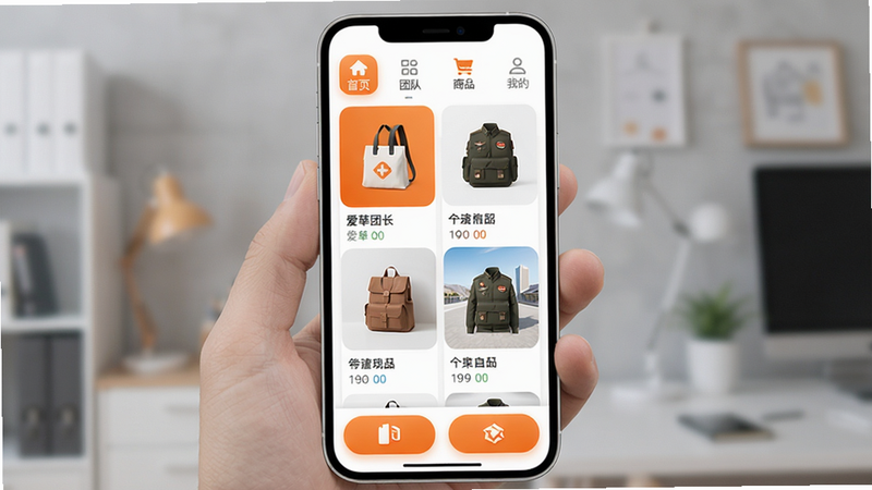 爱华团长App主界面,手机屏幕中央展示应用首页,顶部导航栏有“首页、团队、商品、我的”四个标签,中部为商品瀑布流,底部有快捷操作按钮,整体风格简约现代,以白色和橙色为主色调,图标圆润,画质高清干净,无多余元素。