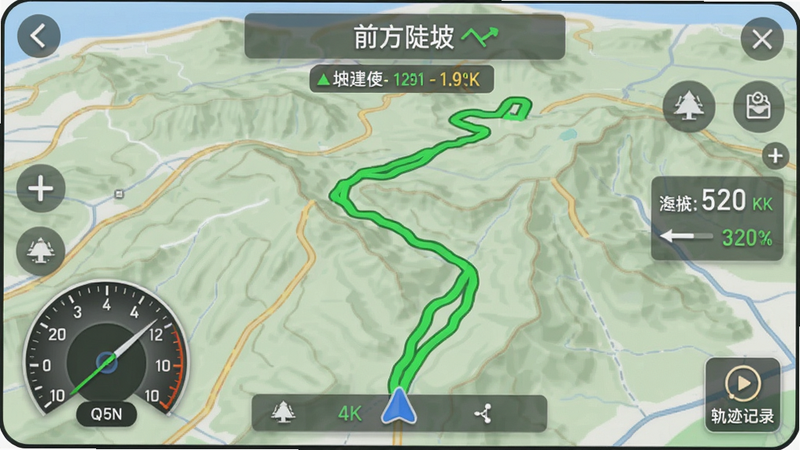 主体:越野导航界面,地图上有蜿蜒山路轨迹线,显示海拔和坡度数据;布局:地图占满屏幕,左下角有速度表盘;风格:半透明HUD风格,绿色路线高亮;细节:顶部提示“前方陡坡”,右下角有“轨迹记录”图标;画质:4K,干净明亮