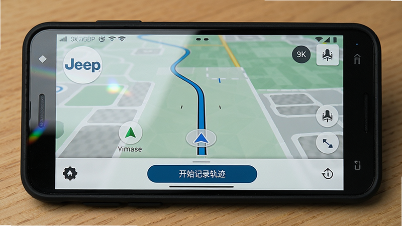 主体:一部安卓手机横屏显示Jeep APP导航界面,底部有“开始记录轨迹”按钮;布局:手机居中,背景为木桌;风格:实物拍摄与界面叠加,简约科技感;细节:手机壳为黑色,屏幕反光有轻微眩光;画质:8K,干净简洁