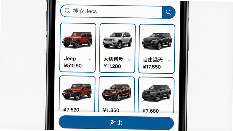 主体:手机屏幕展示Jeep车型列表界面,包含牧马人、大切诺基、自由光等车型缩略图;布局:网格排版,每张卡片带车型名称和价格;风格:扁平化UI设计,白底蓝边;细节:搜索栏在顶部,底部有“对比”按钮;画质:高清,干净无多余元素