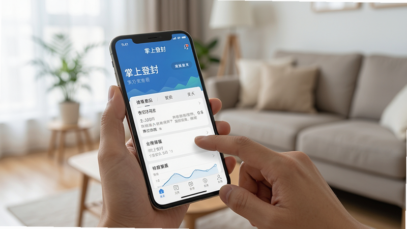 一张展示用户正在手机上操作“掌上登封”APP的图片,主体为一只手拿着手机,屏幕显示APP主界面,背景为日常家居环境,布局自然,风格写实,细节包括手指点击屏幕,画质清晰,干净无多余元素。