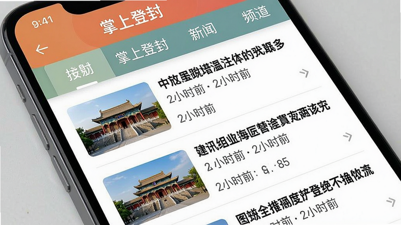 一张展示“掌上登封”新闻资讯频道的手机截图,主体为新闻列表页面,布局采用图文混排,每一条新闻配有缩略图,顶部有分类导航标签,风格现代,色彩搭配舒适,细节包括新闻标题和发布时间,画质清晰,干净整洁。