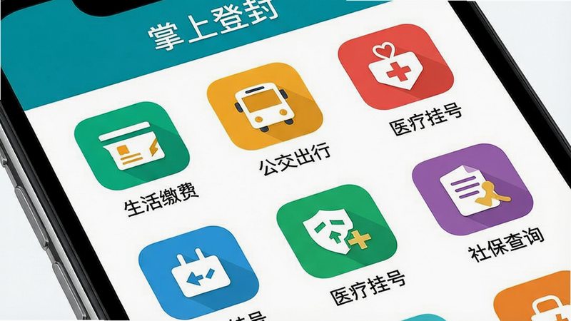 一张展示“掌上登封”便民服务页面的高清图片,主体为手机屏幕显示服务图标网格布局,包括“生活缴费”“公交出行”“医疗挂号”“社保查询”等,每个图标都有中文名称,风格扁平化,色彩明快,细节图标精致,画质细腻,背景干净。