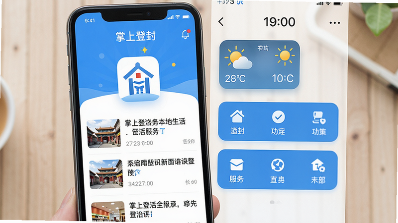 一张展示“掌上登封”APP启动页和主界面的高清图片,主体为一部智能手机,屏幕亮起显示APP图标和主界面,布局采用左右分屏,左侧为新闻列表,右侧为功能快捷入口,风格清新简约,主色调为蓝色和白色,细节包括天气小部件、时间显示,画质细腻,干净无多余元素,整体呈现出本地生活服务的温馨亲切感。