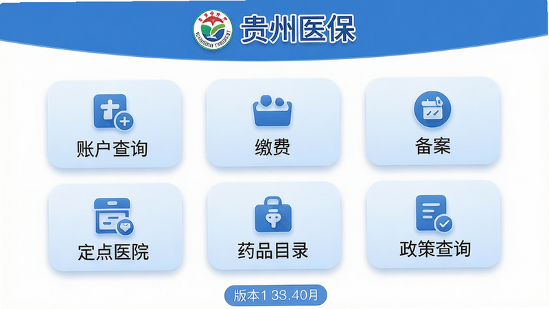 主体:贵州医保APP官方首页界面;布局:居中展示,上方为“贵州医保”文字标题和医保局logo,下方为六大功能图标(账户查询、缴费、备案、定点医院、药品目录、政策查询);排版:卡片式布局,圆角矩形,背景为淡蓝色渐变;风格:扁平化设计,简洁清晰,色彩以蓝白为主;细节:图标带阴影,底部有版本号标签;画质:高清渲染,干净无多余元素