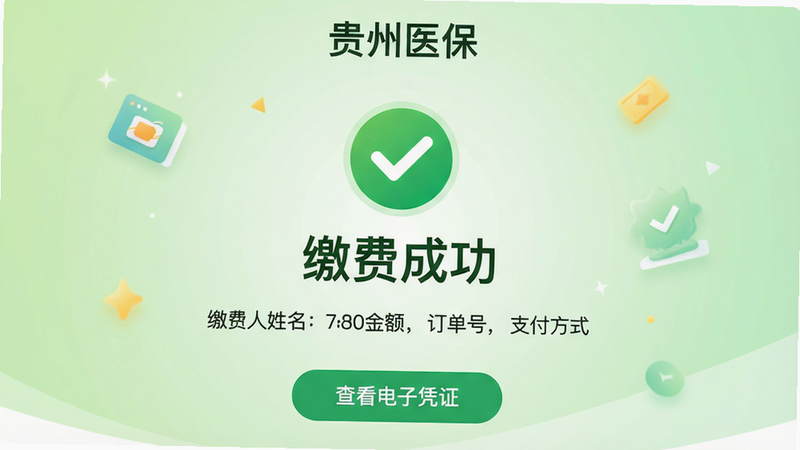 主体:医保缴费成功页面;布局:中央显示绿色对勾图标,下方大字“缴费成功”,再下方显示缴费人姓名、金额、订单号、支付方式;排版:信息居中排列,底部有“查看电子凭证”按钮;风格:激励式设计,色彩明亮;细节:背景为浅绿色渐变,顶部有“贵州医保”字样;画质:干净,无多余元素