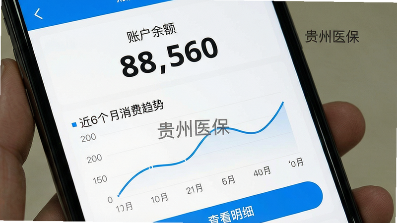 主体:手机屏幕显示医保账户查询界面;布局:屏幕上方显示“账户余额”大数字,下方为近6个月消费趋势折线图,底部有“查看明细”按钮;排版:信息层级分明,余额用大号加粗字体,图表用蓝色线条;风格:数据可视化风格,图表清晰;细节:显示“贵州医保”水印,背景为白色;画质:干净,无多余元素