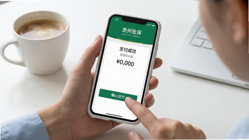 主体:用户正在手机上进行医保缴费操作,手机上显示支付成功界面;布局:手机屏幕位于画面中央,用户手指正在点击“确认支付”按钮;排版:手机UI清晰显示“贵州医保”字样和支付金额;风格:写实风格,背景为简洁的办公桌面;细节:手机壳为白色,屏幕亮度高,旁边有一杯咖啡;画质:高清,干净,无多余元素