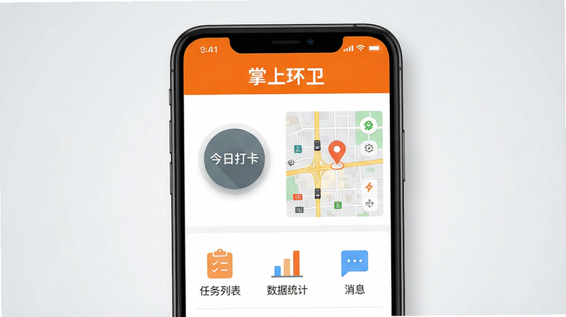 主体为一台手机屏幕占据画面中央,显示掌上环卫APP主界面,顶部有橙色“掌上环卫”品牌字样,中间是“今日打卡”圆形按钮和实时地图定位标记,下方排列“任务列表”“数据统计”“消息”三个图标。布局采用居中对称构图,背景为浅灰渐变,风格为扁平化UI设计,细节包含按钮阴影、地图路网线条、状态栏时间信号,画质4K超清,干净无多余元素。