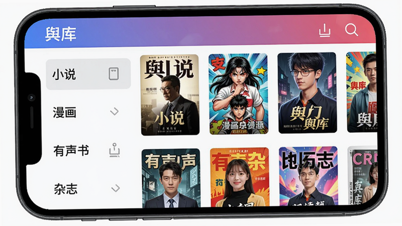 生图提示词:手机屏幕显示舆库的资源分类页面,左侧列表有“小说”“漫画”“有声书”“杂志”等,右侧展示每个分类下的热门封面缩略图,排版整齐,色彩丰富,风格现代,画质高清,文字“舆库”出现在顶部导航栏。