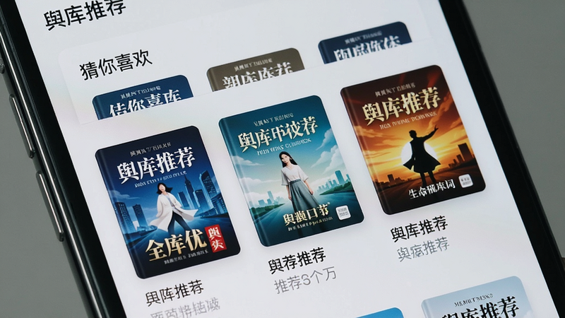 生图提示词:一张手机屏幕截图,展示舆库的个性化推荐页面,顶部有“猜你喜欢”模块,下面排列三本推荐书籍的封面,每本下方有简短推荐语,背景为淡灰色,整体干净明亮,画质细腻,文字“舆库推荐”显示。