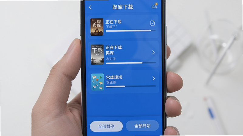 生图提示词:手机屏幕显示舆库的下载管理界面,列表中有正在下载的书籍和已完成项,每个项有进度条和文件名,底部有“全部暂停”“全部开始”按钮,界面简洁,蓝色主色调,画质清晰,文字“舆库下载”显示。
