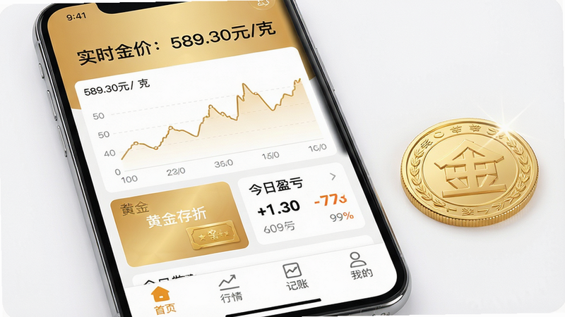 ��������չʾ������APP�����棬�ֻ���Ļ�ڶ�����ʾ��ʵʱ��ۣ�589.30Ԫ/�ˡ����֣��·�����������ͼ���м������С��ƽ���ۡ���Ƭ�͡�����ӯ����С�������ײ��������ĸ�ͼ��ֱ�Ϊ��ҳ�����顢���ˡ��ҵġ����岼�����࣬��ɫ���ɫ���䣬����ִ���Լ���ֻ��Ҳ����һö��ҫ�Ľ����Ϊװ�Ρ����ʸ��壬�ɾ��޶���Ԫ�أ�����ʹ�����ı�ע��