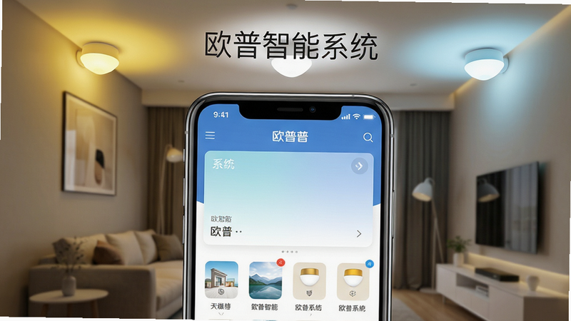 画面中央展示一部手机屏幕,屏幕上显示欧普智能系统App主界面,背景是一间温馨的现代客厅,天花板和墙壁上有多盏不同颜色的欧普智能灯(暖黄、冷白、淡蓝)同时亮起,形成渐变光晕。布局为手机特写+环境背景,排版干净,风格写实清新,细节包括手机边框反光、灯光柔和的散射效果,画质超高清,干净无多余元素,文字在屏幕上方显示“欧普智能系统”字样。