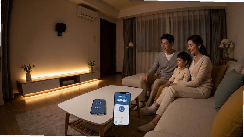 客厅中一家三口坐在沙发上,手机放在茶几上显示“离家模式”按钮,墙上的灯光全部熄灭,只有一条地灯亮起。布局为广角客厅场景,风格温馨家庭,细节包括茶几上的手机UI清晰可见“欧普智能系统”和“离家模式”文字,画质自然光,无多余杂物。
