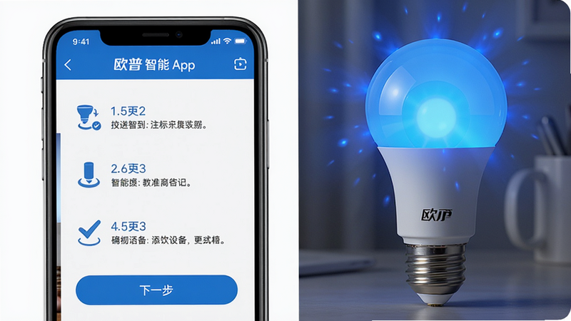 手机屏幕显示欧普智能系统App添加设备步骤界面,背景是一盏欧普智能灯泡发出蓝色闪烁光。构图采用手机界面+实物灯泡对比,排版工整,风格教学图示,细节包括步骤编号和“下一步”按钮,画质清晰,无多余元素。